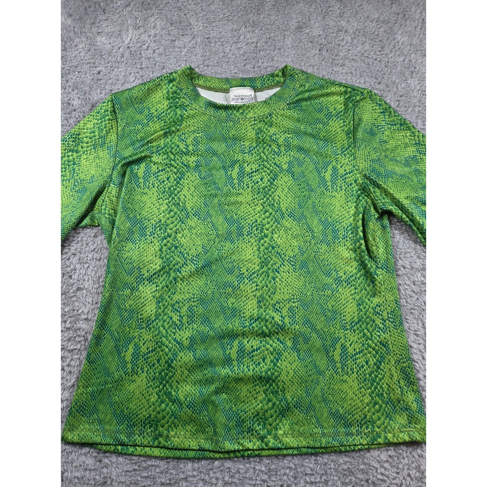 Newport News Jeanology Top M Green Womens Snakeskin Print Long Sleeve Crew Neck